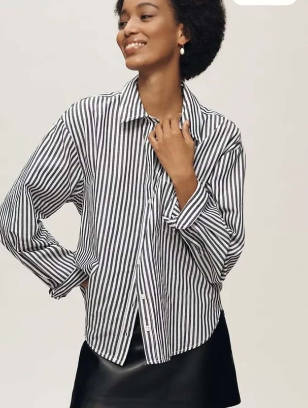 Anthropologie Maeve Shrunken Bennet Buttondown Shirt Black White Stripe Size XL
